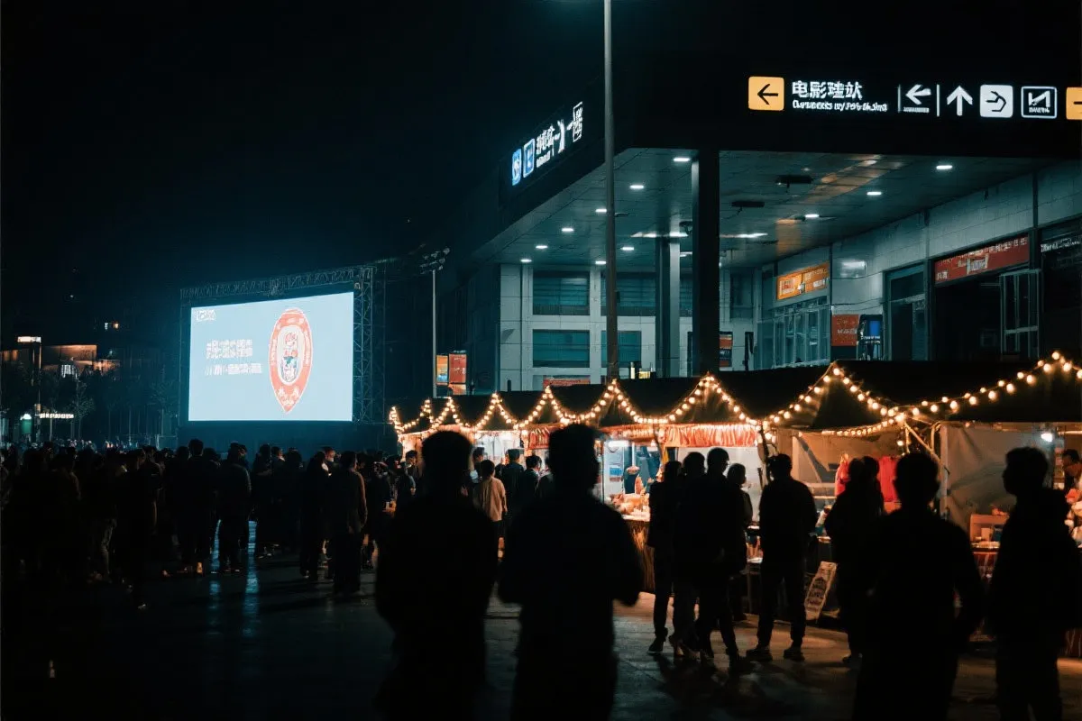费城球迷广场夜景：大屏观赛人群、步行指示牌与公共交通入口