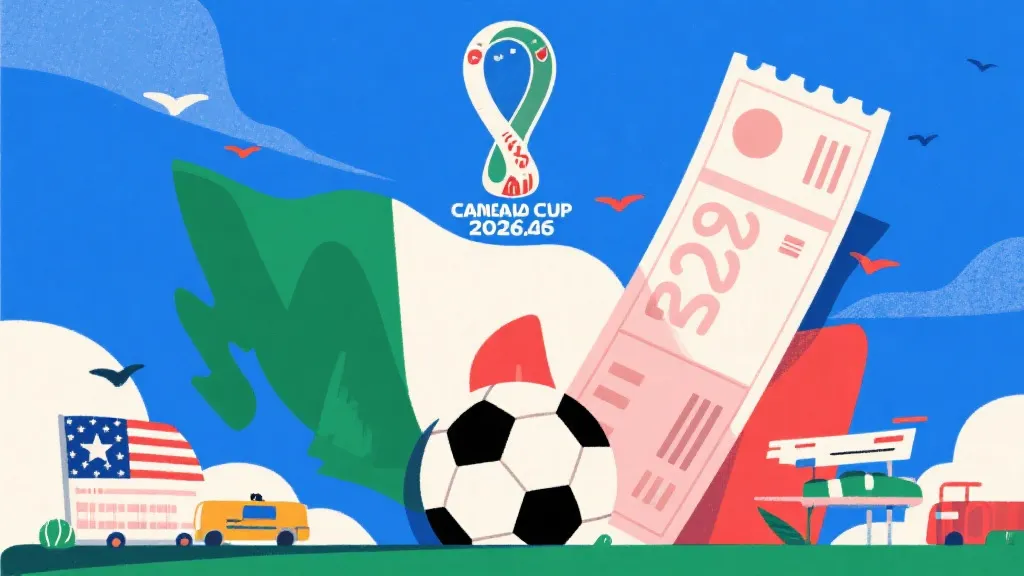 2026年美加墨世界杯概念图，包含足球与高昂旅行账单元素